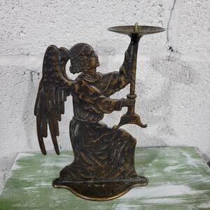 Vtg Solid Brass Double Sided Angel Candle Candlestick Holder 8” Italy(?)